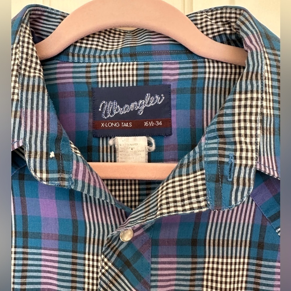 Vtg Western Shirt Wrangler 16.5x34 Cowboy Cut Pearl Snap Blue Plaid XLong Tails